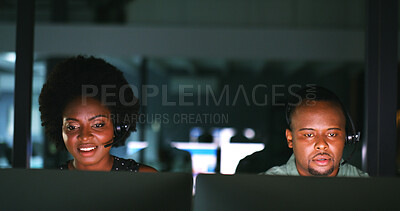 Buy stock photo Black people, headset and computer in call centre at night for customer service, crm and assistance. Staff, coworking and pc for online advice, helping client and problem solving for inquiry deadline