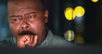 Tired, yawn and night with business black man in office for burnout, online deadline and brain fog. Bokeh, fatigue and overtime with person and tech in agency for low energy, workaholic and bored