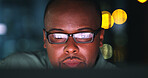 Business, night and black man with tech, glasses and financial agency with bokeh, email and trading. Evening, reflection and African person with eyewear, internet and investment deal with connection