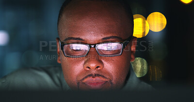 Buy stock photo Business, night and black man with tech, glasses and financial agency with bokeh, email and trading. Evening, reflection and African person with eyewear, internet and investment deal with connection