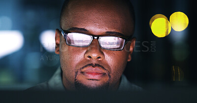 Buy stock photo Business, black man and tech in office at night for stocks research, trading news or market trends. Trader, serious person and computer reflection for portfolio review, financial analysis and bokeh
