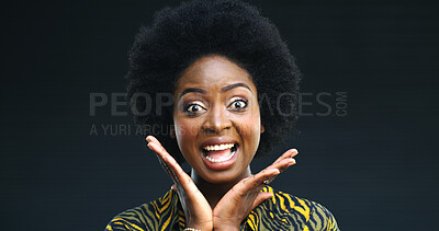 Buy stock photo Happy, black woman and portrait with surprise in studio for sale, wow or bonus on a dark background. Excited face, female person or African model with smile or shock for good news or winning on space