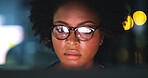 Business, woman or computer with reading at night for trading news, data analysis or investment. Trader, serious or black person with tech reflection in office for portfolio review, overtime or bokeh