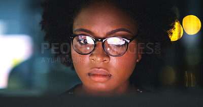 Buy stock photo Business, woman or computer with reading at night for trading news, data analysis or investment. Trader, serious or black person with tech reflection in office for portfolio review, overtime or bokeh