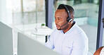 Contact center, business and black man with computer for help, quality assurance or coworking. Call monitoring specialist, listen and agent with feedback, compliance and support for customer service
