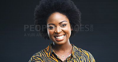 Buy stock photo Happy, black woman and hair care with portrait in studio for afro, natural growth and textures. Confident, female person and cosmetics of scalp routine, healthy shine and treatment on dark background