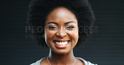 Buy stock photo Makeup, smile and portrait of black woman in studio for cosmetics, confidence and aesthetic. Self care, happiness and glow with female person on dark background for mockup space and cosmetology