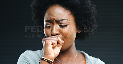 Buy stock photo Cough, sick and virus with black woman in studio for disease, infection or pneumonia symptoms. Asthma, bacteria and tuberculosis with African person on dark background for respiratory illness