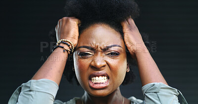 Buy stock photo Angry, black woman and frustrated with anxiety, fear and scared on studio background. Crisis, stress and African person upset with anger, rage or pain with issue, mistake or emotional with fail