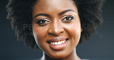 Buy stock photo Makeup, smile and glow with portrait of black woman in studio for cosmetics, confidence and aesthetic. Self care, happiness and female person on dark background for beauty, pride and cosmetology