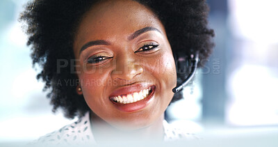 Buy stock photo Happy, black woman and agent laughing with headset for online advice or communication in office. Female person, friendly or African consultant with smile or mic for web service or virtual assistance
