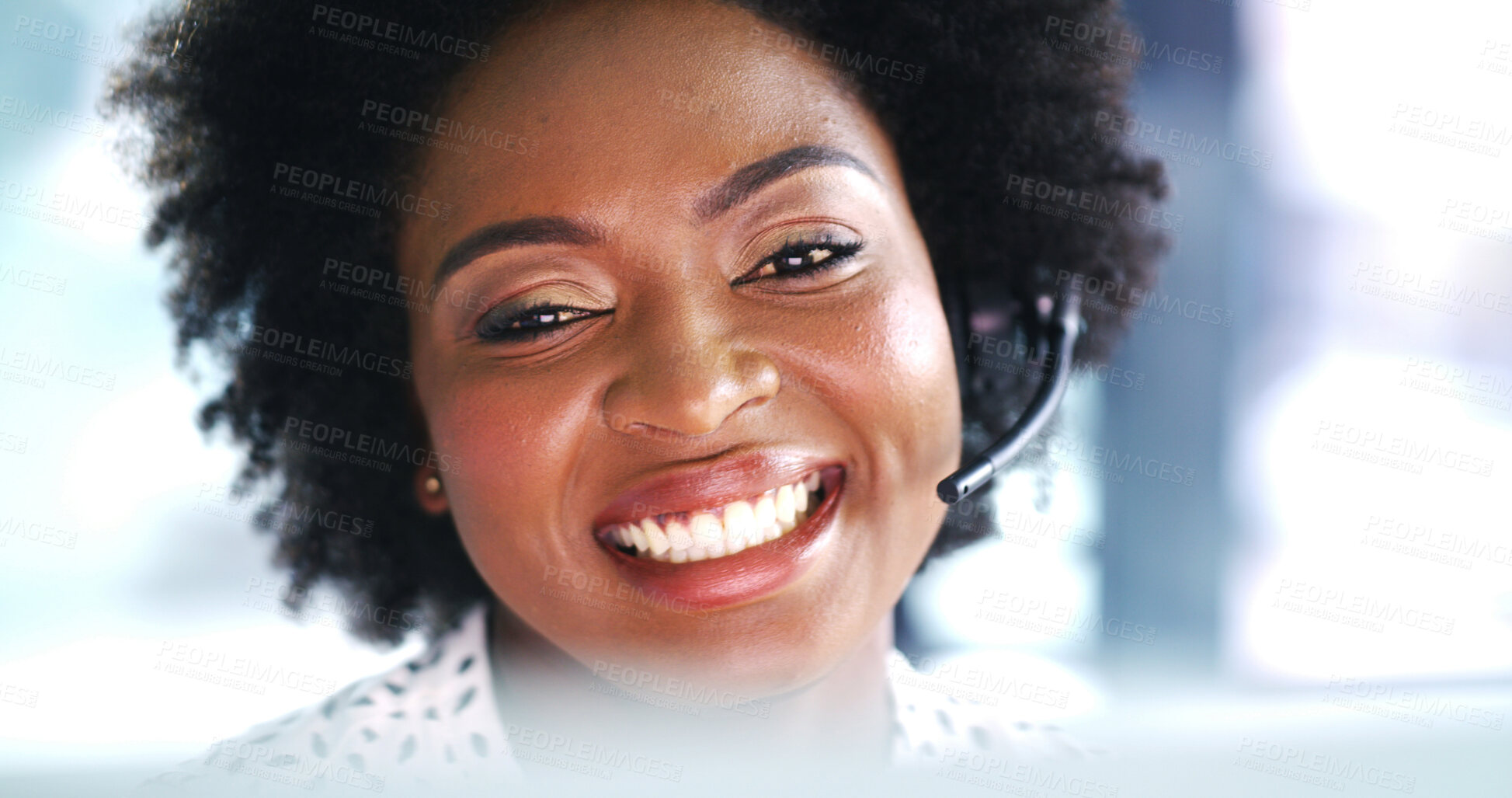 Buy stock photo Happy, black woman and agent laughing with headset for online advice or communication in office. Female person, friendly or African consultant with smile or mic for web service or virtual assistance