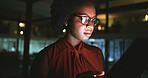 Business, evening and black woman with tablet, glasses or research for news report, editing or app. African person, night or journalist in office, publishing schedule or deadline with online article