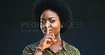 Buy stock photo Black woman, portrait and finger with lips in studio for secret or rumor on a dark background. Private, female person or African model with afro for silence, gossip or confidential on mockup space