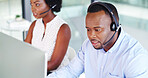 Contact center, business or black man with computer for support, quality assurance or coworking. Call monitoring specialist, listen or agent with feedback, crm compliance or help for customer service