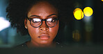 Business, black woman or tech with reading at night for stocks news, trade execution or data analysis. Trader, space and person with PC reflection in office for portfolio review, overtime and bokeh
