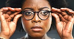 Glasses, optometry and portrait of black woman in studio for fitting of prescription frame lenses. Eyewear, test and vision with African model on dark background for eye exam or ophthalmology