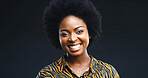 Confident, black woman and hair care with portrait in studio for afro, natural growth and textures. Smile, female person and cosmetics for scalp care, healthy shine and treatment on dark background
