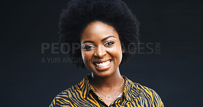 Buy stock photo Confident, black woman and haircare with portrait in studio for afro, natural growth and textures. Smile, female person and cosmetics for scalp care, healthy shine and treatment on dark background