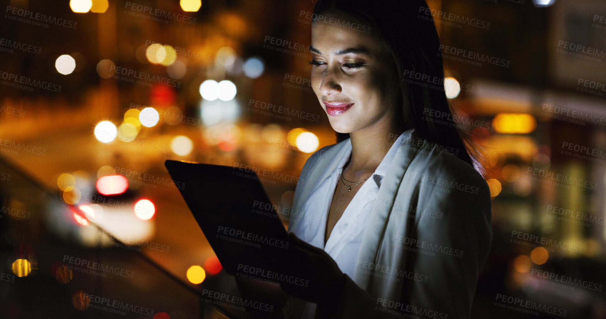 Buy stock photo Tablet, reading and night with business woman in city for communication, stock market research and scroll. Account manager, investors deadline and bokeh with person outdoor for online trading
