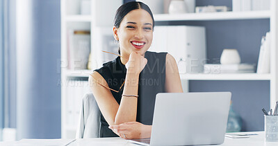 Buy stock photo Portrait, business and woman with laptop, smile and email with budget report, pride and internet. Person, employee and investor in workplace, pc and research for stock market and proposal for funding