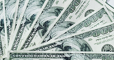 Buy stock photo Money, financial and profit with payment of cash for accounting, investment growth and bonus. Economy, banking loan and trading dividend with dollar bills for promotion, budget and salary savings