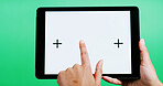 Hands, tablet and blank screen in studio with click, mock up space or ui on green background. Person, tech and user experience with scroll, point or display for interactive application with marketing