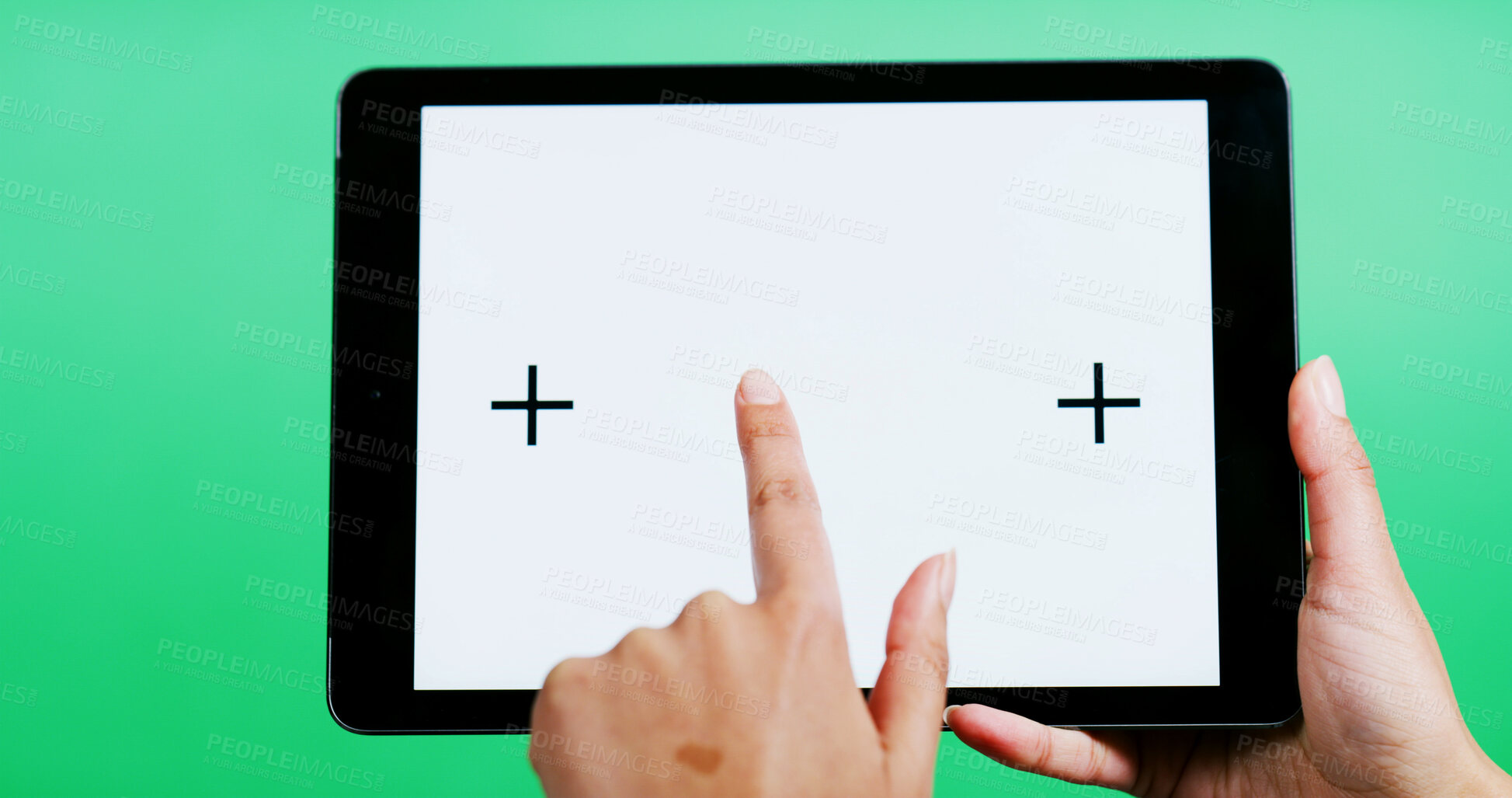 Buy stock photo Hands, tablet and blank screen in studio with click, mock up space or ui on green background. Person, tech and user experience with scroll, point or display for interactive application with marketing