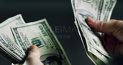 Buy stock photo Hands, person and counting cash for fraud crime, money laundering and smuggling wages. Criminal, dollar and notes with wealth for finance scam, illegal profit and corruption income on dark background