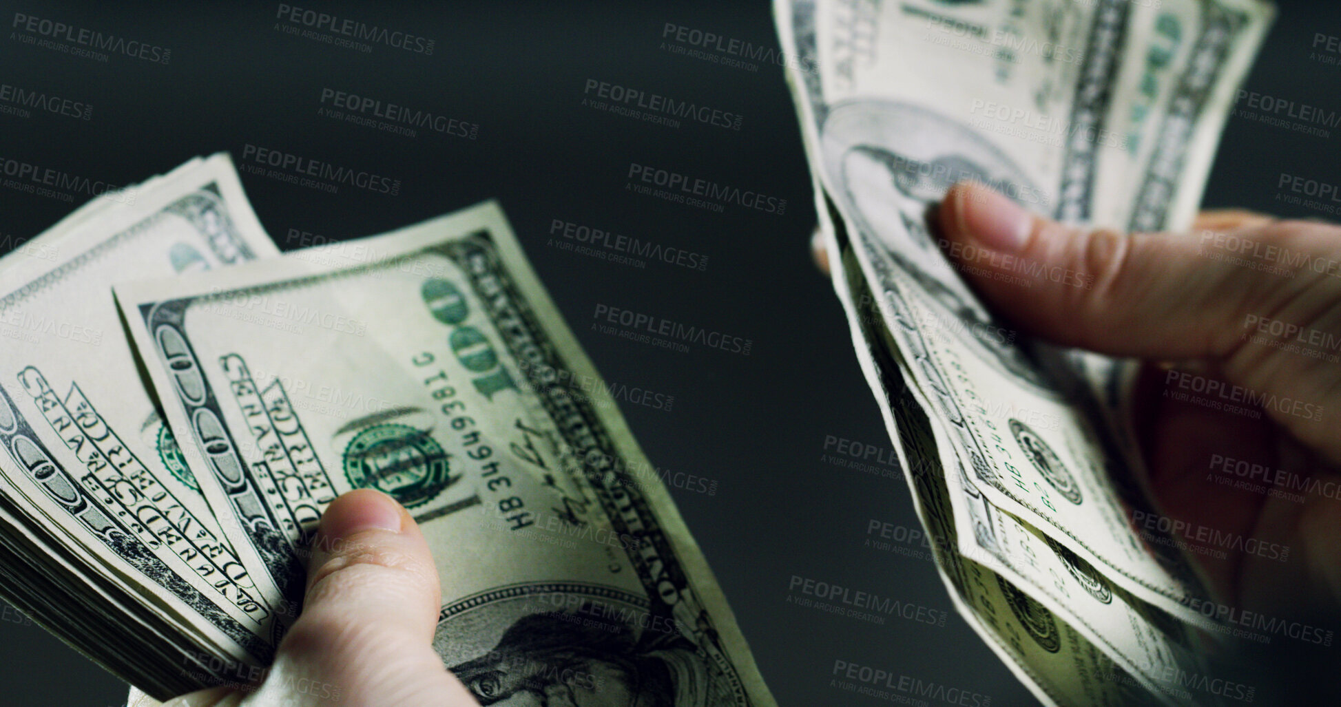 Buy stock photo Hands, person and counting cash for fraud crime, money laundering and smuggling wages. Criminal, dollar and notes with wealth for finance scam, illegal profit and corruption income on dark background