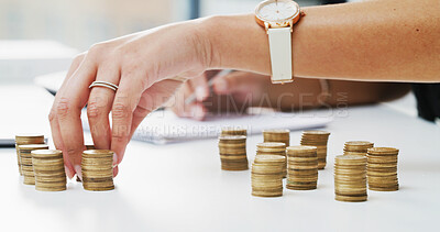 Buy stock photo Business person, hands and money with coins for savings, expenses or bills in office. Closeup, accountant or counting finance with investment for economic market, tax assessment or financial planning