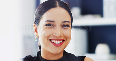 Buy stock photo Portrait, trainee and woman with smile, office or employee with ambition for career growth or pride. Happy, person and internship for experience in corporate, opportunity and confident in New York