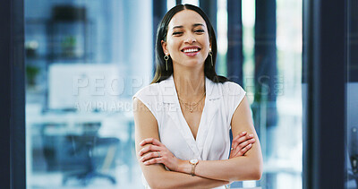 Buy stock photo Portrait, employee and woman with arms crossed, office or trainee with smile for career development. Happy, person and internship for experience in corporate, opportunity and confident in New York