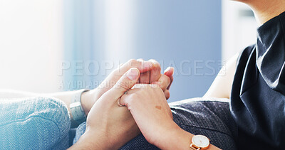 Buy stock photo Home, couple and holding hands for love, support and connection with partner for commitment. Trust, care and people together for comfort, bonding and loyalty in marriage for relationship in house