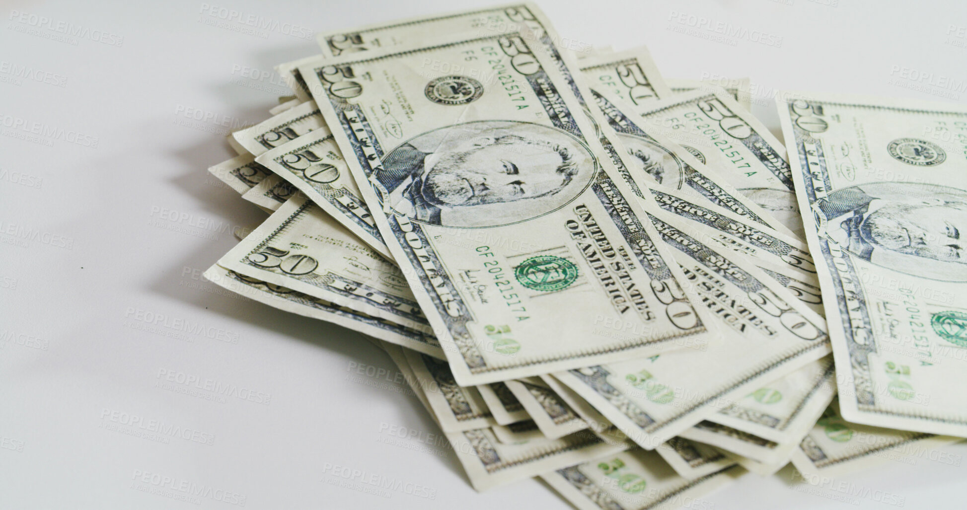 Buy stock photo Stack, salary and cash on table for fraud crime, money laundering and smuggling wages. Notes, dollars and gambling of financial wealth from finance scam, illegal profit and corruption income of bribe