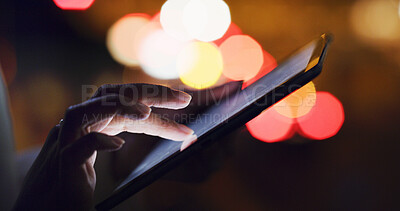 Buy stock photo Night, business and person with tablet, hands and online magazine with deadline, email and bokeh. Closeup, evening and journalist with tech, creativity and app for publishing schedule and newsletter