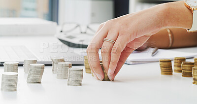 Buy stock photo Business person, hands and finance with coins for savings, expenses or bills in office. Closeup, accountant or counting money with investment for economic market, tax assessment or financial planning