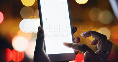 Buy stock photo Hands, person and phone screen in city at night for texting, social media and bokeh for travel. Woman, typing and mobile with mockup space for commute, message contact and directions for working late