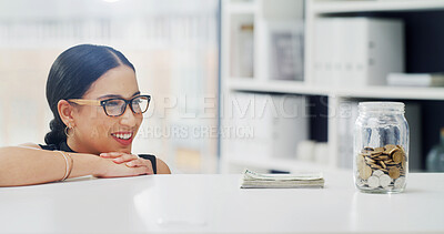 Buy stock photo Smile, savings and businesswoman in office with money, finance or investment planning for future. Happy, cash and professional female financial advisor with profit growth for banking in workplace.