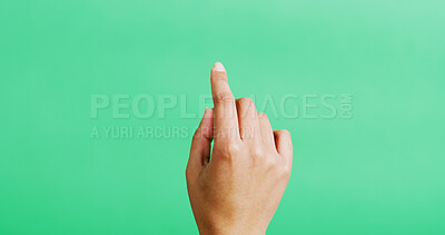 Buy stock photo Hand, click and mockup space in studio, gesture and point with scroll, empty and green background. Person, finger and interface or responsive display with user experience, touch and virtual screen