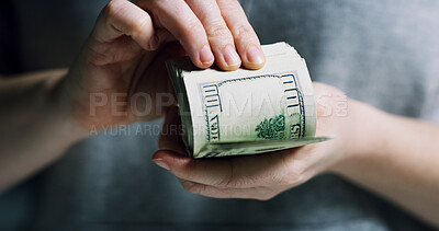 Buy stock photo Hands, criminal and counting bills for fraud crime, money laundering and smuggling cash. Person, dollar and notes with wealth from finance scam, illegal profit and corruption income of gambling bribe