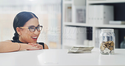Buy stock photo Happy, savings and businesswoman in office with money, finance or investment planning for future. Smile, cash and professional female financial advisor with profit growth for banking in workplace.