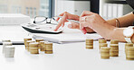 Accountant, hands and money with calculator or coins for savings, expenses or bills in office. Business person, closeup or finance with audit for economic market, tax assessment or financial planning