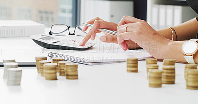 Buy stock photo Accountant, hands and money with calculator or coins for savings, expenses or bills in office. Business person, closeup or finance with audit for economic market, tax assessment or financial planning