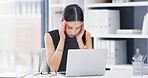 Accounting, laptop and stress with business woman at desk in office for burnout, debt or tax review. Computer, finance and headache with corporate employee in workplace for investment fail or mistake