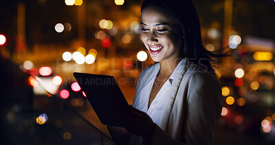 Buy stock photo Smile, tablet and night with business woman in city for communication, stock market research and scroll. Account manager, investors deadline and bokeh with person outdoor for online trading