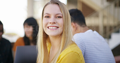 Buy stock photo Happy, college and portrait of woman at campus for education with confidence for studying. Smile, pride and female student with group for learning with university exam, assignment or test outdoor.