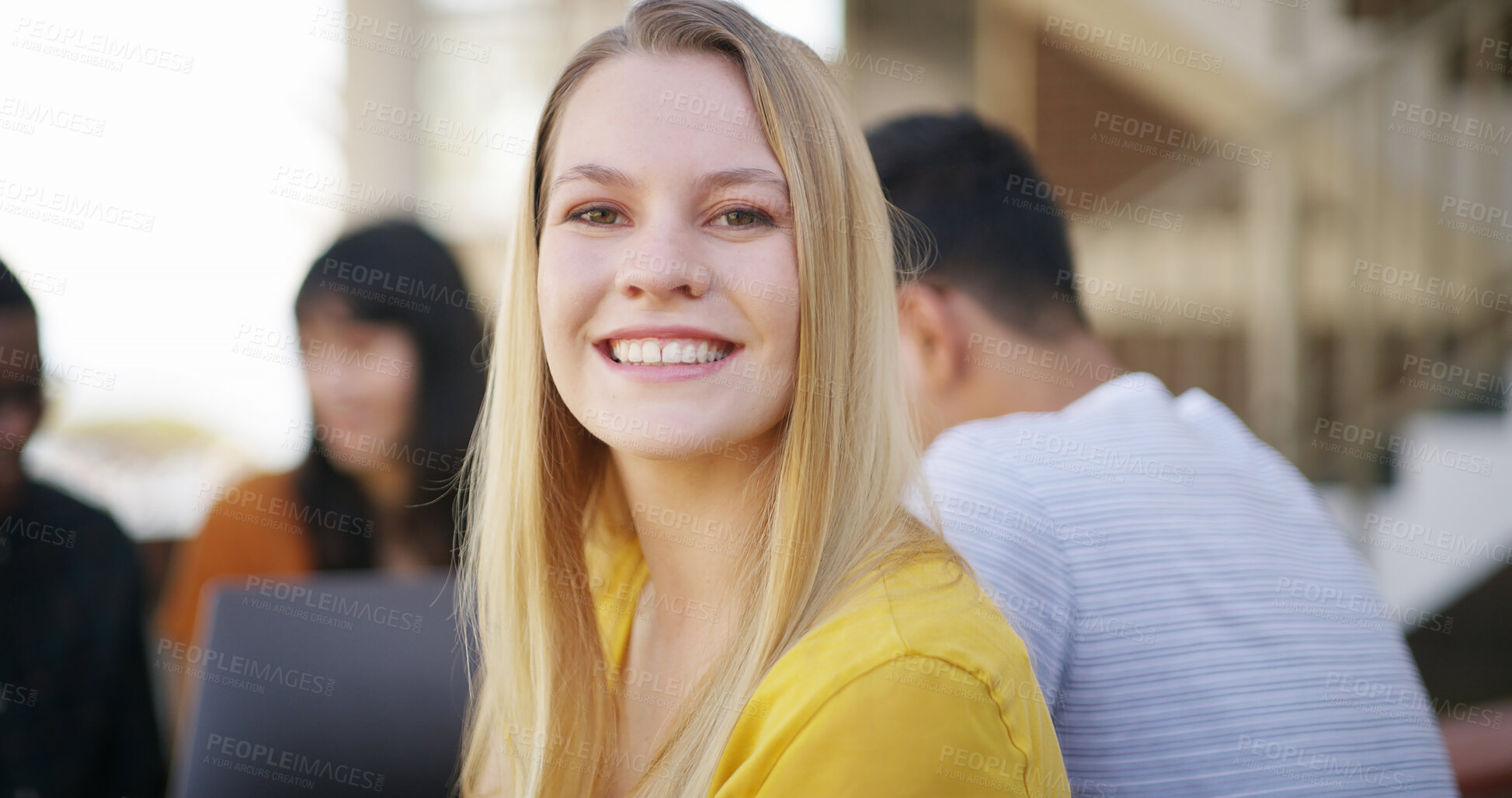 Buy stock photo Happy, college and portrait of woman at campus for education with confidence for studying. Smile, pride and female student with group for learning with university exam, assignment or test outdoor.