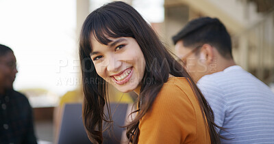 Buy stock photo Laugh, university and portrait of woman at campus for education with confidence for studying. Happy, pride and female student with group for learning with college exam, assignment or test outdoor.