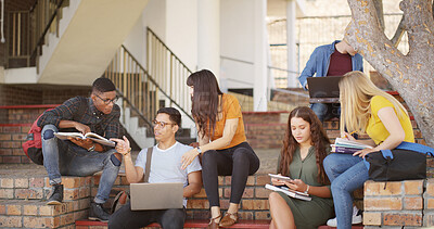 Buy stock photo People, students and steps with laptop at campus for education, research and group project. Friends, pc and textbook for learning, university scholarship and studying information for exam preparation